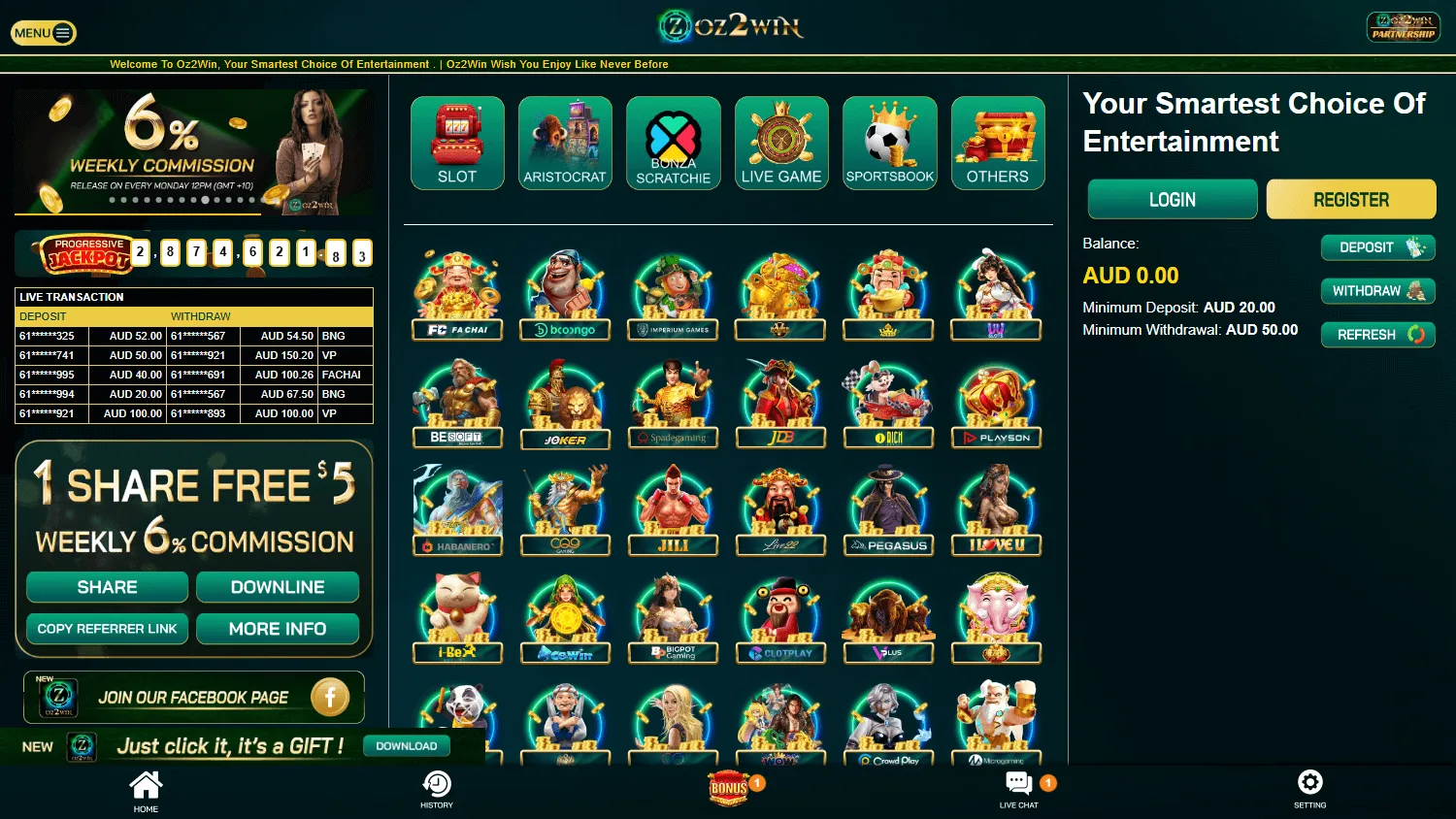 Oz2win Casino game browsing view on desktop