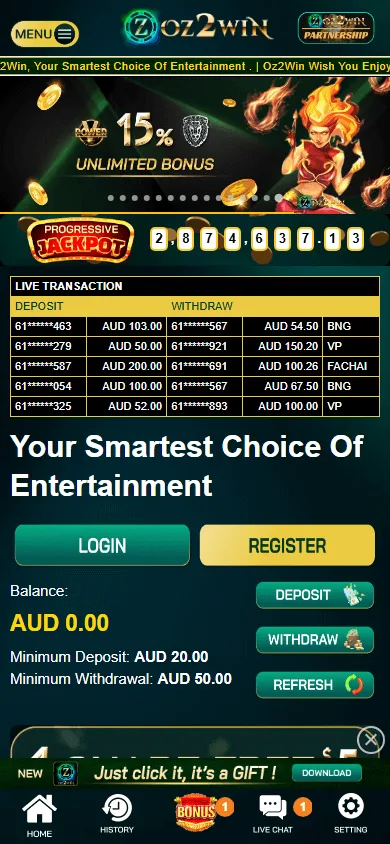 Oz2win Casino games view on a mobile device