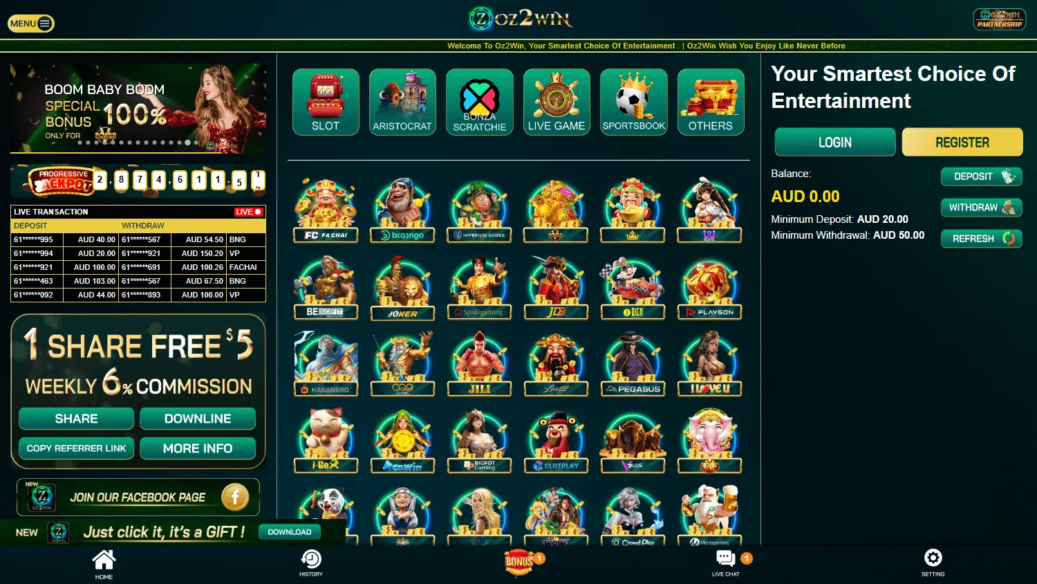 Oz2win Casino home view on a desktop computer