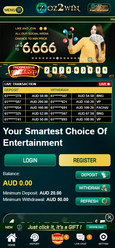 Oz2win Casino home view on a mobile device