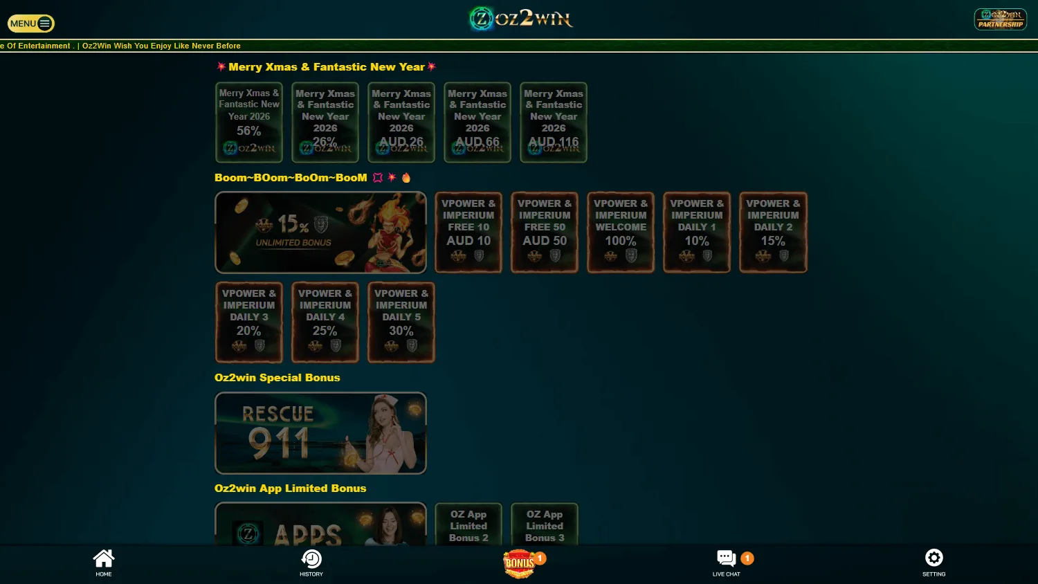 Oz2win Casino promotions view on a desktop computer